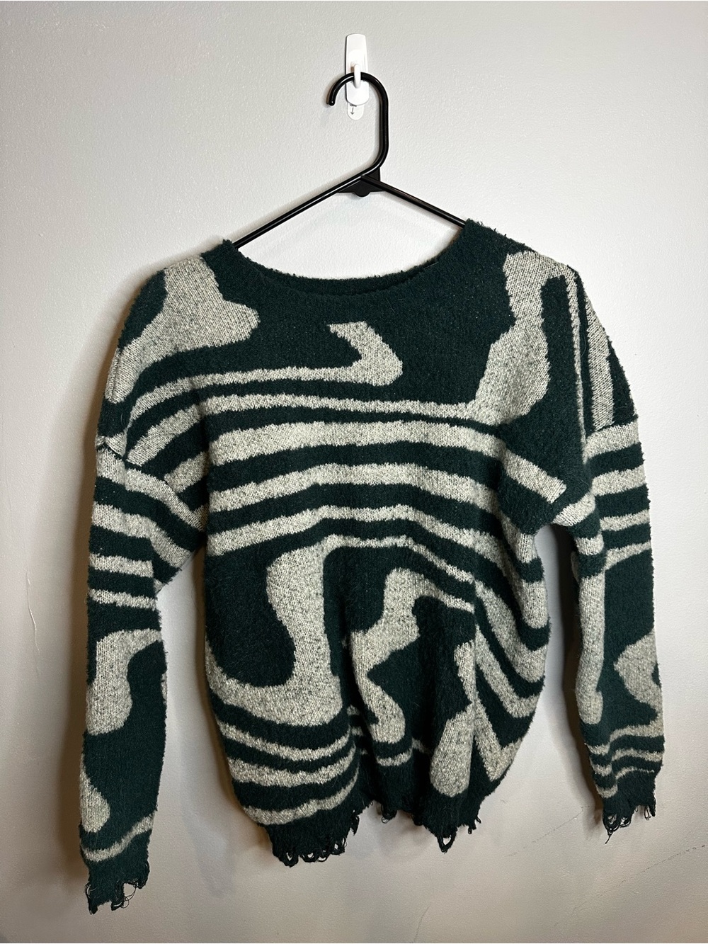 Abstract Swirl Knit Sweater in Forest Green and Cream